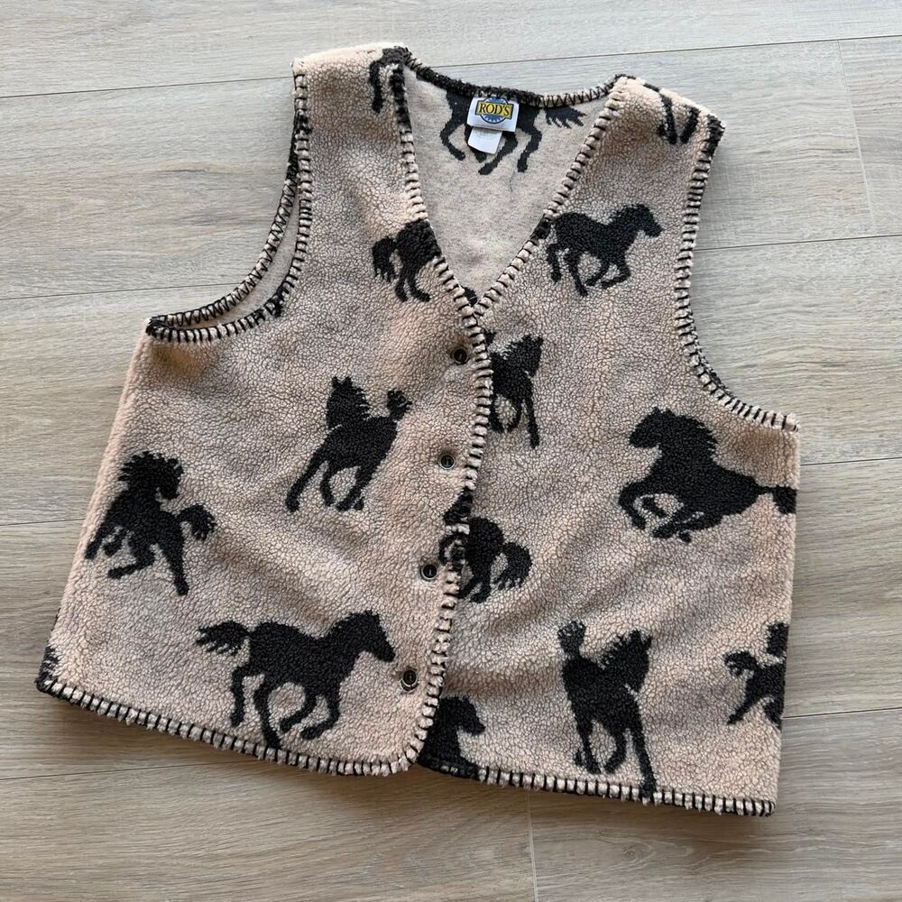 Rod's Vintage 90's Sherpa Beige & Black Horse Vest Western Cowgirl Rodeo Country
